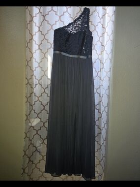 David's Bridal One-Shoulder Lace Bodice Maxi Dress in Charcoal